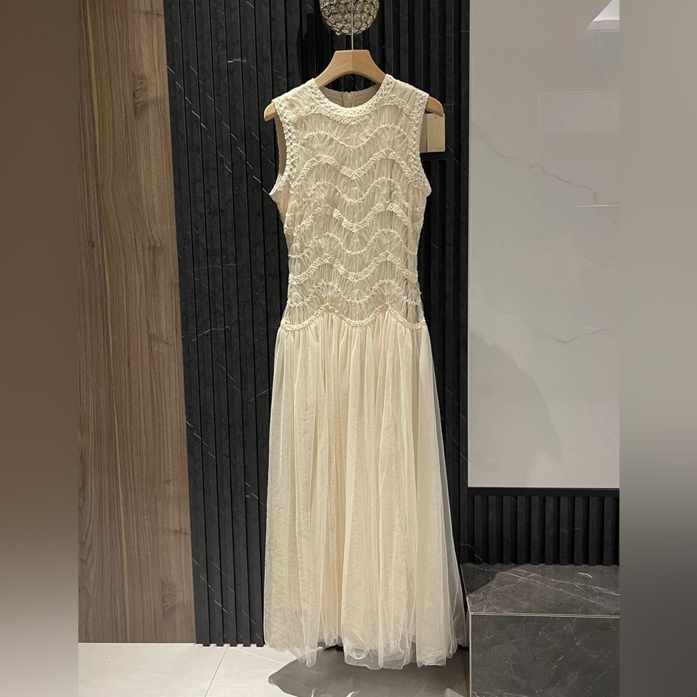 Designer-Style Sleeveless Ivory Crochet Lace Maxi Dress